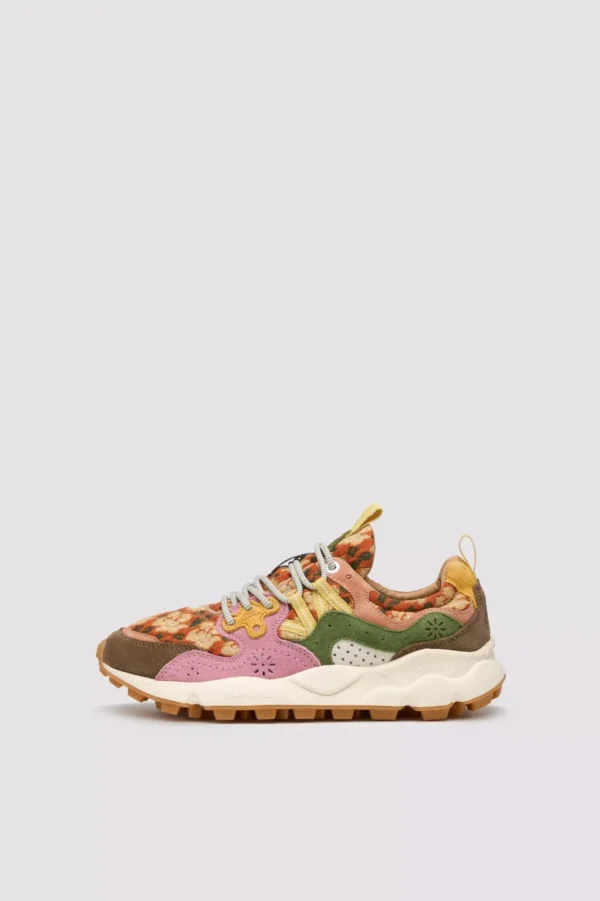 FLOWER MOUNTAIN SCARPA DONNA YAMANO 3 FIORI SUEDE E TESSUTO BEIGE VIOLET GREEN